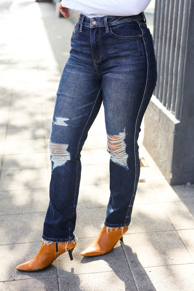 Judy Blue Dark Wash Mid Rise Distressed Straight Leg Jeans