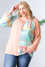 Peach & Mint Floral Color Block Raglan Peasant Top