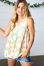 Tangerine Floral Banded V Neck Sleeveless Top