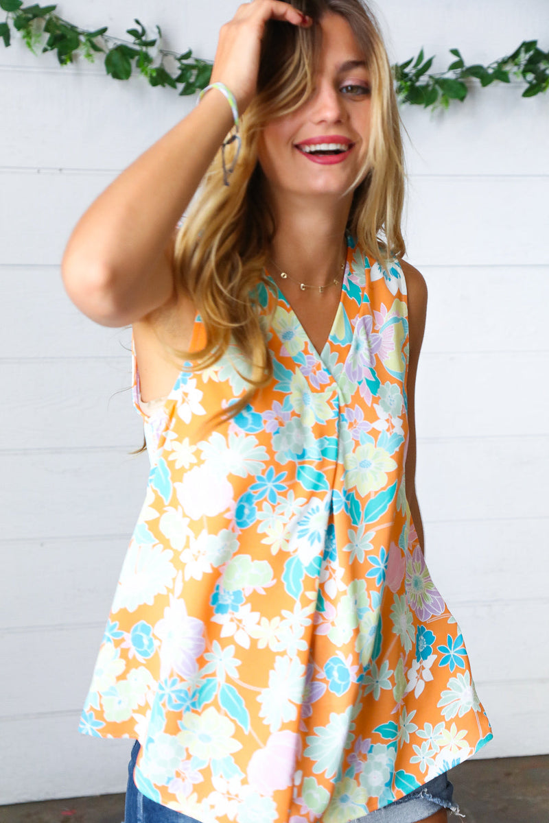 Tangerine Floral Banded V Neck Sleeveless Top