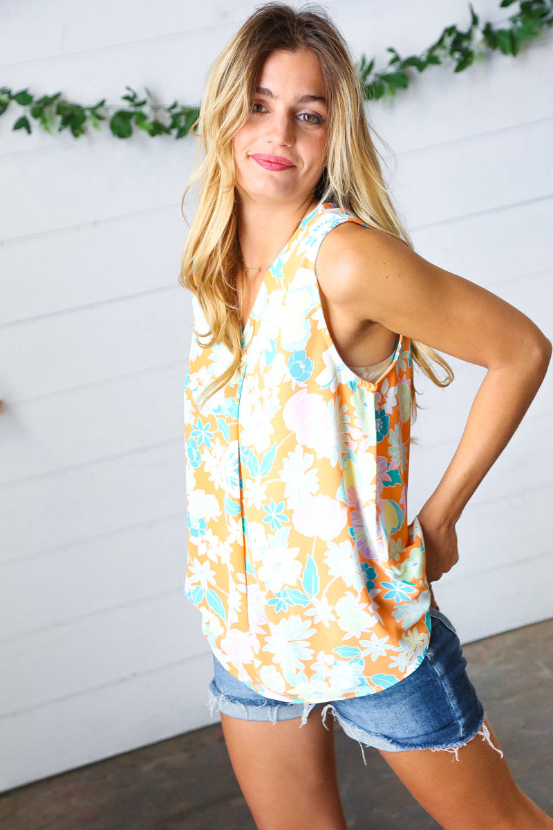 Tangerine Floral Banded V Neck Sleeveless Top