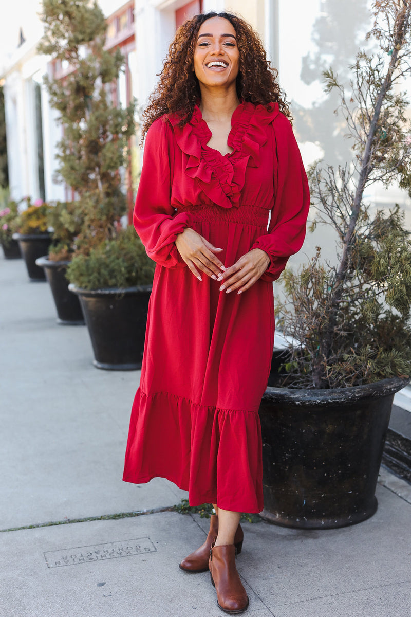 Beautiful You Holiday Red Overlap Ruffle V Neck Midi Dress