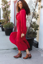 Beautiful You Holiday Red Overlap Ruffle V Neck Midi Dress