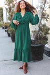 Beautiful You Holiday Green Overlap Ruffle V Neck Midi Dress