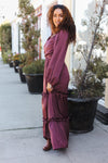 Holiday Vibes Wine Satin Front Overlap Smocked Back Maxi Dress