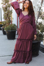 Holiday Vibes Wine Satin Front Overlap Smocked Back Maxi Dress