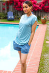 Charming in Aqua Asymmetrical Shirred Modal Top