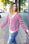 Cozy Days Magenta Checkered & Striped Button-Down Cardigan