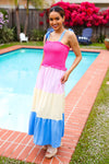 Vacay Vibes Hot Pink & Blue Smocked Color Block Maxi Dress