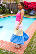 Vacay Vibes Hot Pink & Blue Smocked Color Block Maxi Dress