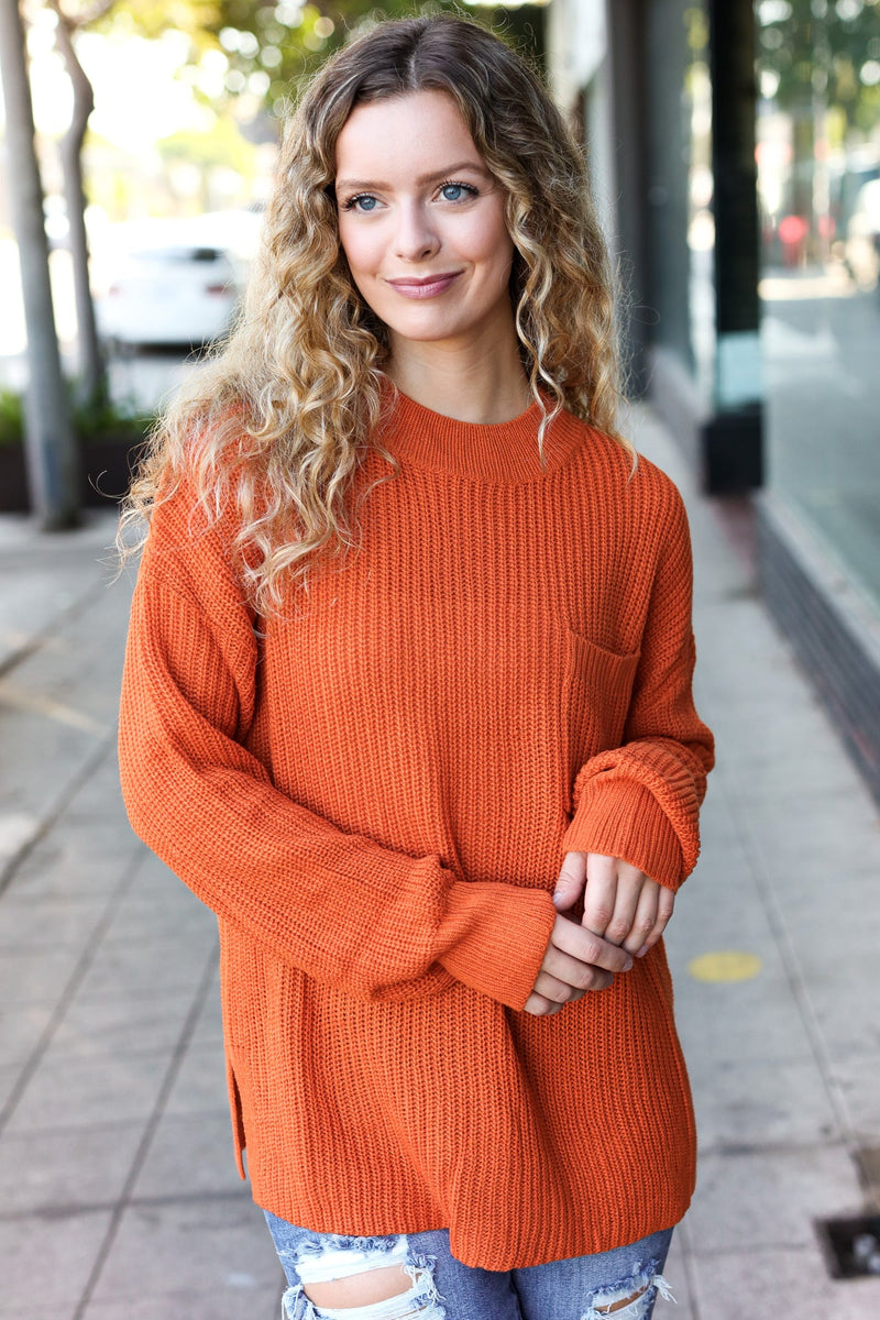 Pumpkin Spice Mock Neck Chest Pocket Knit Sweater