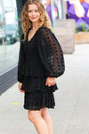 Holiday Vixen Black Chiffon Swiss Dot V Neck Tiered Ruffle Dress