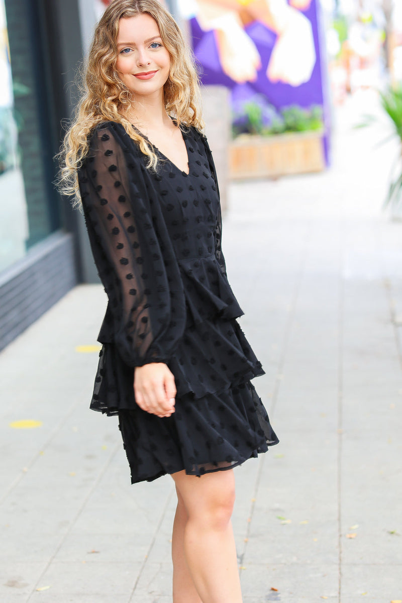 Holiday Vixen Black Chiffon Swiss Dot V Neck Tiered Ruffle Dress