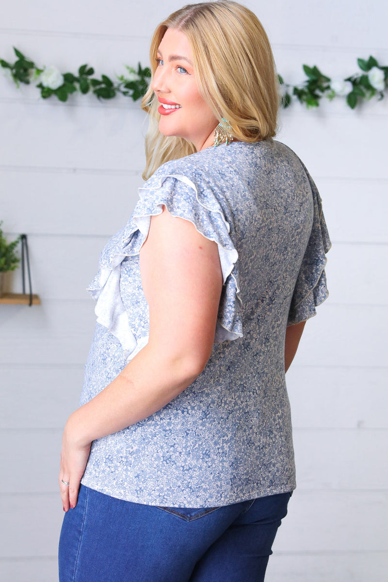 Washed Blue Floral Tiered Flutter Sleeve Top