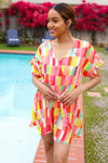 Eyes On You Coral & Yellow Geo Abstract Surplice Woven Romper