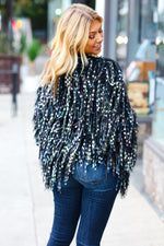 Dazzling Black & Multicolor Fuzzy Fringe Knit Cardigan