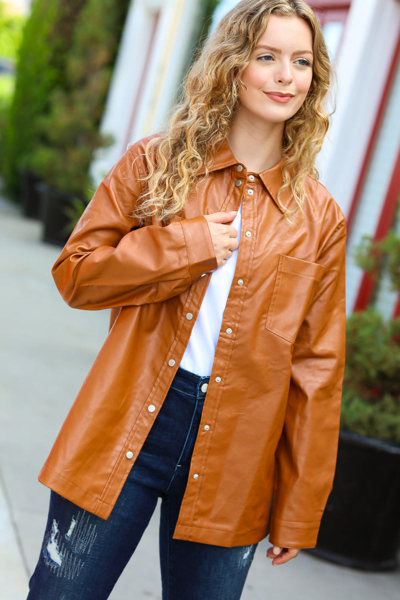 Open Your Heart Rust Vegan Leather Snap Button Shacket