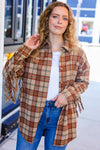 Boldly You Taupe & Rust Flannel Plaid Fringe Jacket