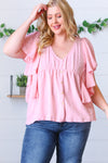 Soft Pink Swiss Dot Ruffle Woven Top