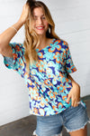 Blue & Orange Retro Floral V Neck Top