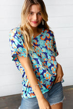 Blue & Orange Retro Floral V Neck Top