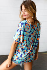 Blue & Orange Retro Floral V Neck Top