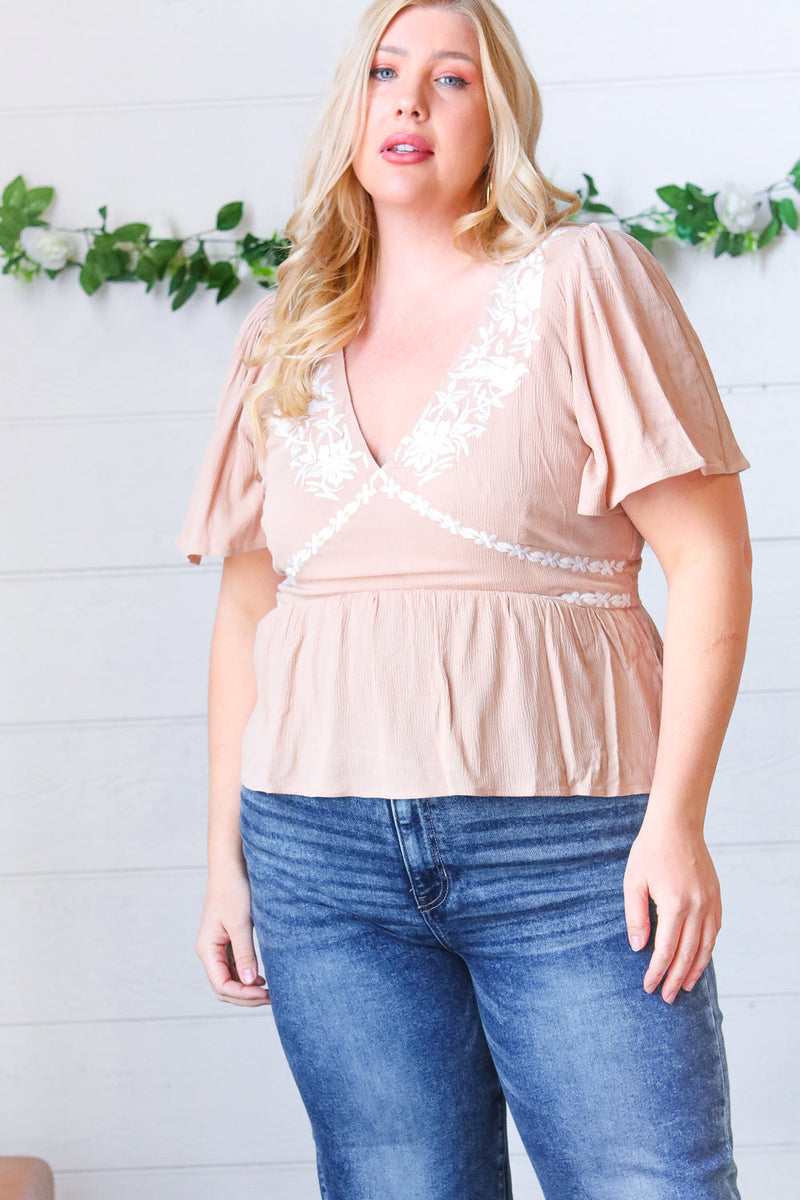 Taupe Crinkle Embroidered Smocked Babydoll Top