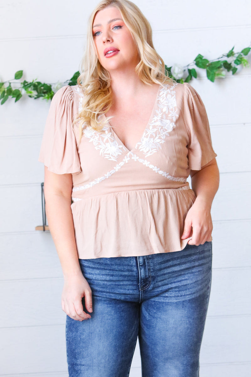 Taupe Crinkle Embroidered Smocked Babydoll Top