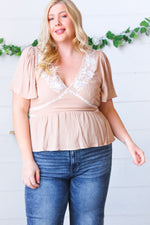 Taupe Crinkle Embroidered Smocked Babydoll Top