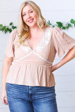 Taupe Crinkle Embroidered Smocked Babydoll Top