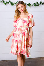 Peach Floral Chiffon Puff Sleeve Dress