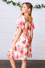 Peach Floral Chiffon Puff Sleeve Dress