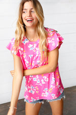 Pink Floral Print Ruffle Short Sleeve Yoke Top