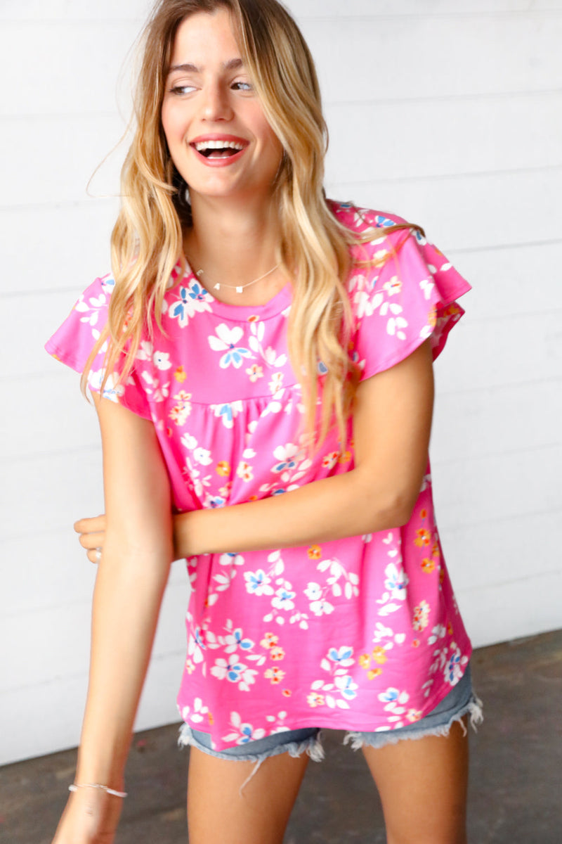 Pink Floral Print Ruffle Short Sleeve Yoke Top