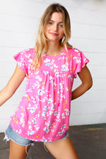 Pink Floral Print Ruffle Short Sleeve Yoke Top