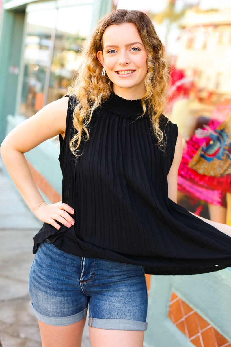 Sweet New Days Black Smocked Neck Pleated Sleeveless Top