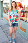 Teal & Coral Flat Floral V Neck Top