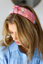 Pink Rhinestone & Candy Hearts Top Knot Headband