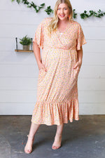 Peach Floral Surplice Elastic Waist Ruffle Maxi Dress