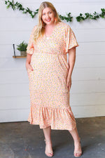 Peach Floral Surplice Elastic Waist Ruffle Maxi Dress