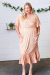 Peach Floral Surplice Elastic Waist Ruffle Maxi Dress