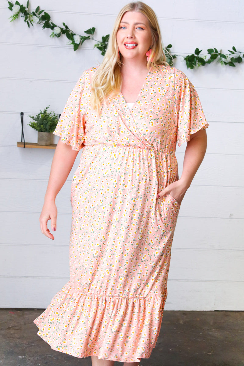 Peach Floral Surplice Elastic Waist Ruffle Maxi Dress