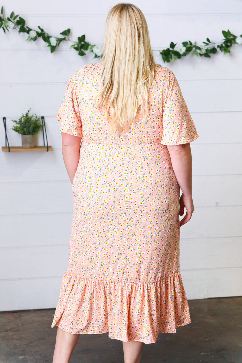 Peach Floral Surplice Elastic Waist Ruffle Maxi Dress