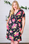 Black & Pink Floral Surplice V Neck Pocketed Dress