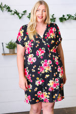 Black & Pink Floral Surplice V Neck Pocketed Dress