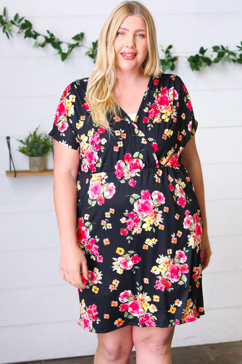 Black & Pink Floral Surplice V Neck Pocketed Dress