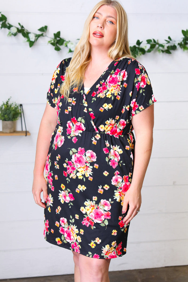 Black & Pink Floral Surplice V Neck Pocketed Dress