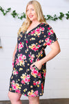 Black & Pink Floral Surplice V Neck Pocketed Dress