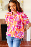 Feel Your Best Fuchsia Orange Floral Print Frill Mock Neck Top