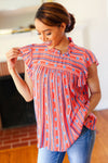 Red & Blue Boho Stripe Flutter Sleeve Top